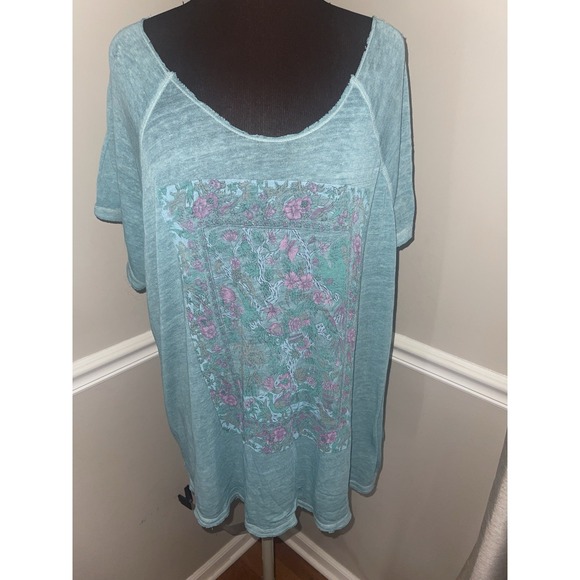 Lucky Brand Tops - Lucky Brand Plus Size 3X Slub Knit Floral Graphic Tee Aqua Teal Burnout T-Shirt